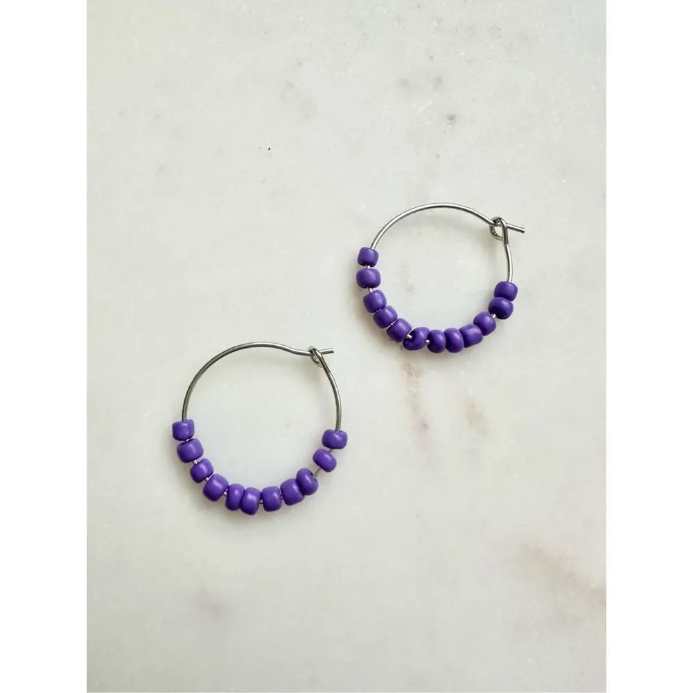 Purple petit beaded hoop earrings